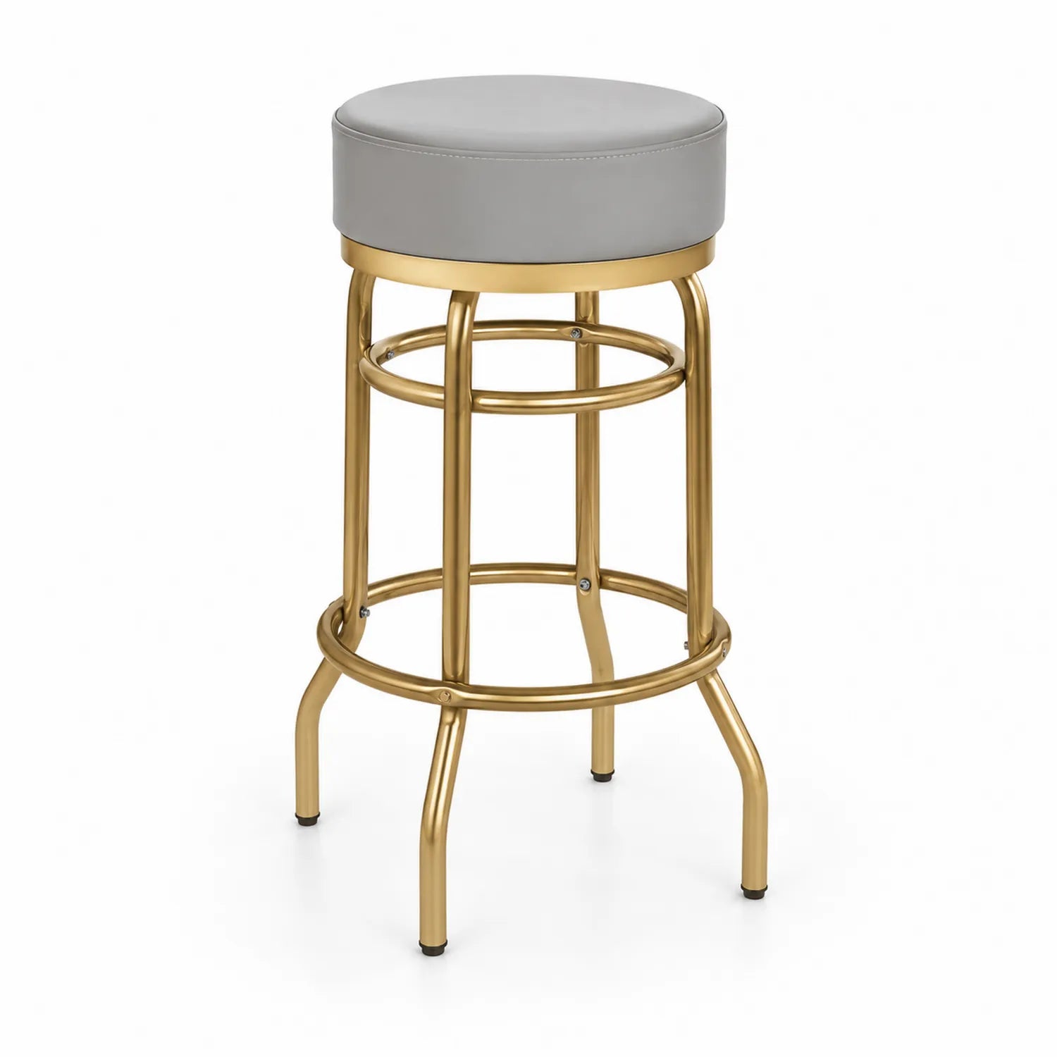 Taboret metalowy złoty z siedziskiem z szarej skóry ekologicznej 76 cm