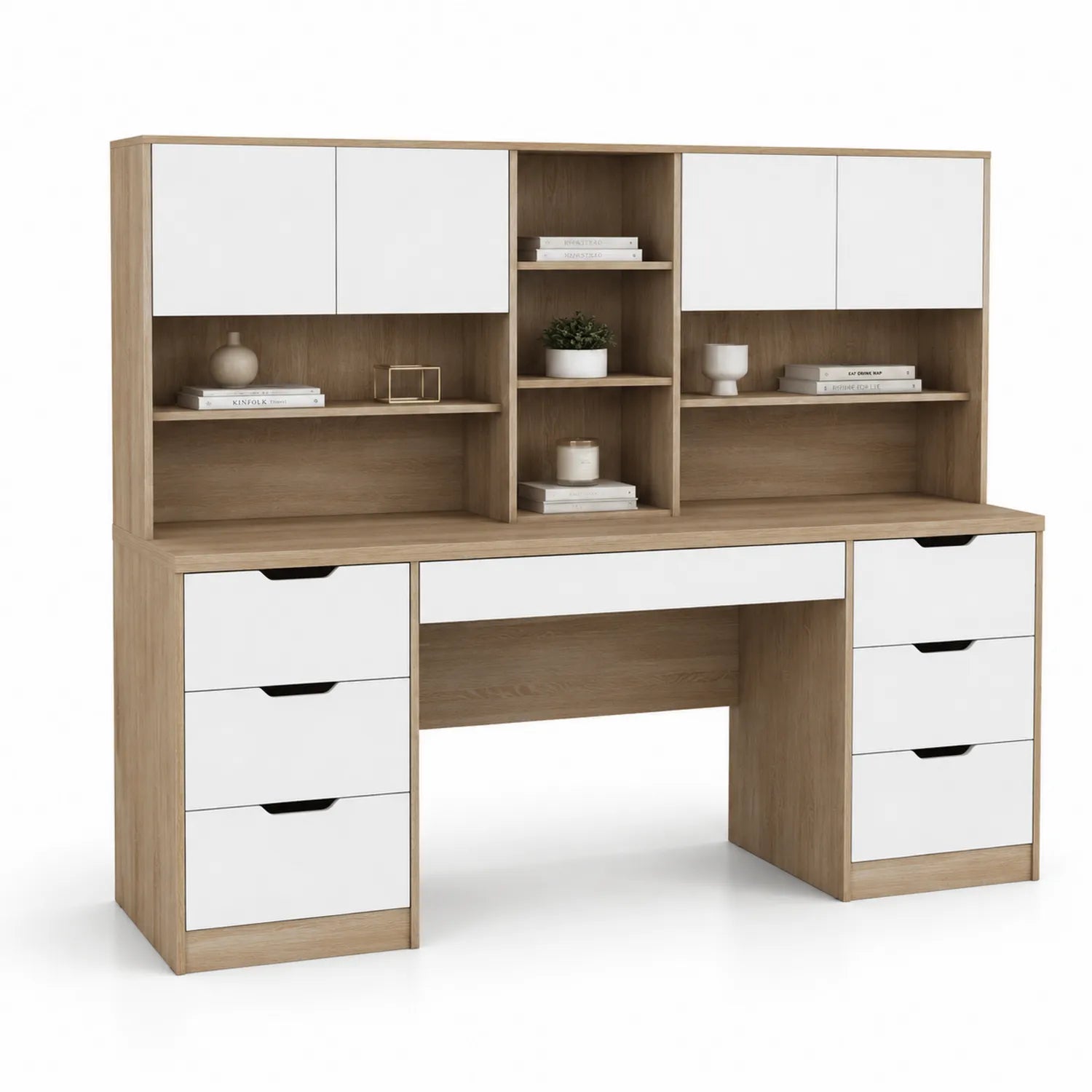 Biurko z płyty laminowanej z białymi frontami i półkami 150x60x140cm