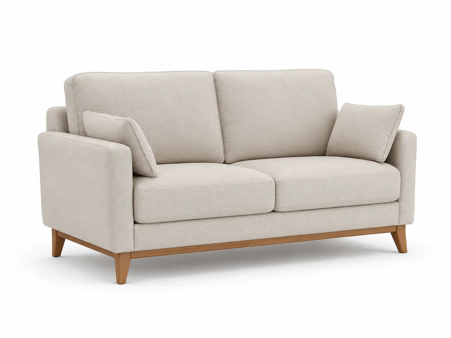 Dwuosobowa sofa lniana w kolorze beżowym z drewnianymi nóżkami