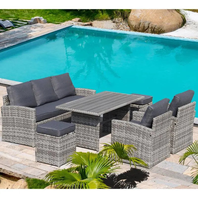 6-elementów Sofa 6- Kawałek, Szare poduszki, Fotele, Stół, Otomans, do użytku na zewnątrz