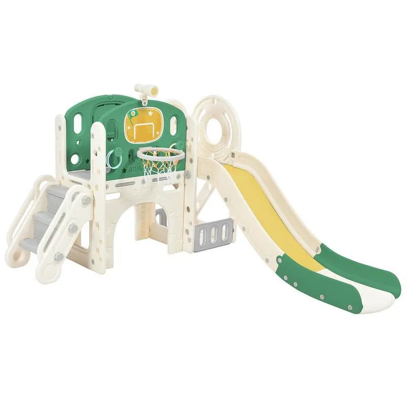 Koszykówka Hoop, zielony i żółty zamek wolnostojący Wspinaczka Crawling Playset ze slajdów i