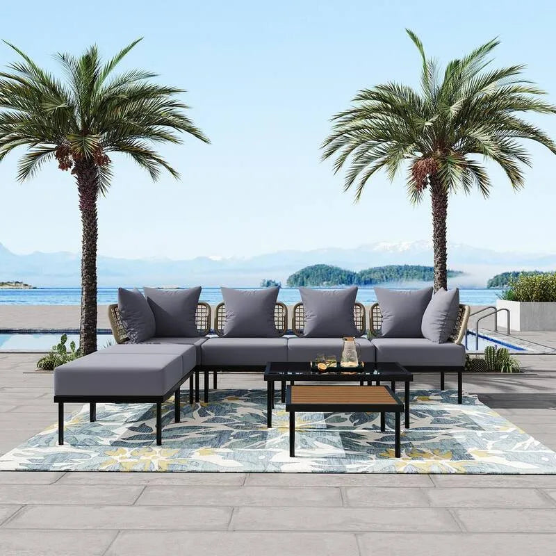 Sofa Patio i Poolside, 8 sztuk, 8 kawałek metalowej oazy na zewnątrz, szary, Patio i Poolside modułowa Set Sofa z 2 Stołem kawy oświetlenie szary poduszki