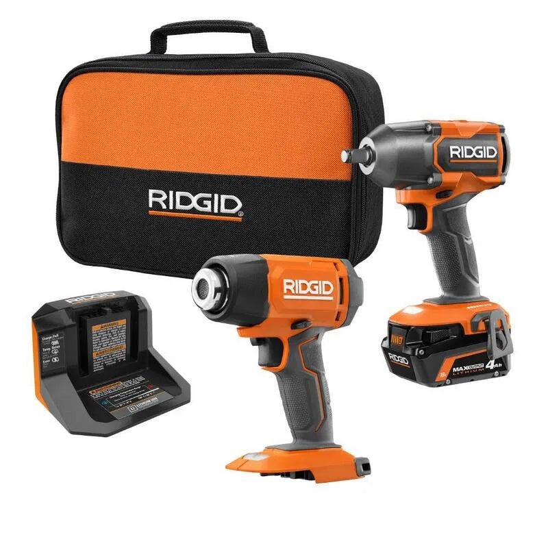 2-Tool RIDGID 2- Zestaw narzędzi Combo, 18V, 1 / 5,1 cm, 4.0 Ah MaX bateria wyjściowa, pistolet termiczny, klucz udarowy, bezkorny konstrukcja, szczotki