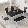 6-elementów Rustykalny Stół z drewna litego 6-kawałek, Rustykalny Stół z drewna litego Upholsted krzeseł i stołowy zewnętrzny zestaw jadalnia z czarnym PU skóry poduszki, biały