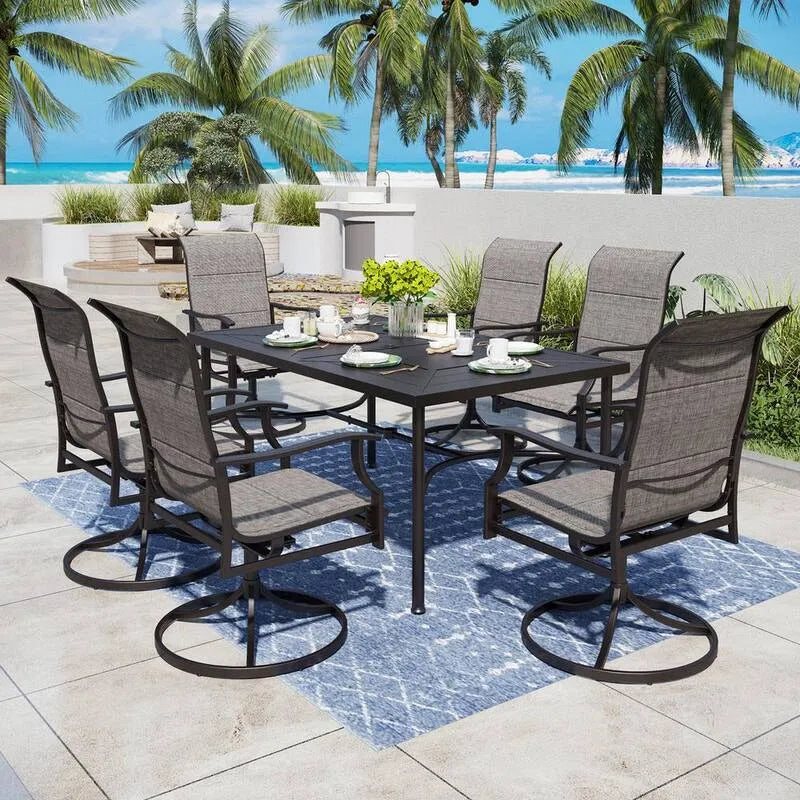 7 szt. Elementy Metal do użytku na zewnątrz Patio Zestaw jadalny 7- Kawałki, Metal do użytku na zewnątrz Patio Zestaw jadalny z Texitilene Swivel Krzesła z Wave Arms