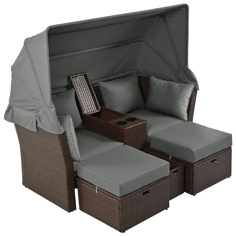 2-Seater 2- Siedzisko, do użytku na zewnątrz, Brown Rattan Metal Patio do użytku na zewnątrz Day Łóżko, Składany, 2-Siedzisko Sofawith Składany Wygniatka i szare poduszki
