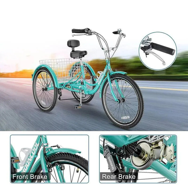 3-Wheel 3- Koło, 61 cm Rower dla dorosłych 7 prędkość Adult Trikes Rejs z koszykiem na zakupy dla seniorów, Różowy, 7 Prędkość, 61 cm