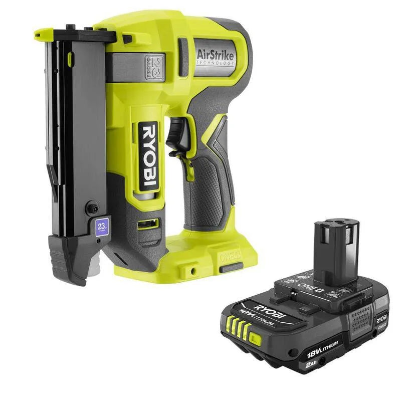 23-Gauge RYOBI RYBI 23- Gauge, akumulatorowy konstrukcja, 18V, ONE + 18V akumulatorowy Airstrike Pin Nailer z 2.0 Ah Lithium- Ion akumulator
