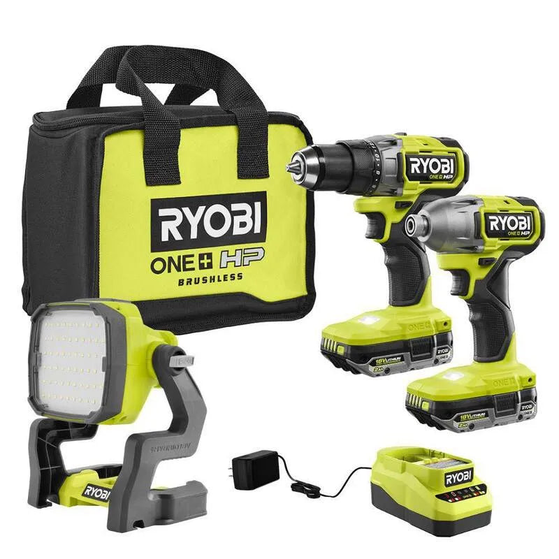 2-Tool RYOBI 2-Narzędzie zestaw narzędzi, 18V, 2.0 Ah Baterie i Hybrydowe LED Lampy, Bezprzewodowy projekt, Bezszczotkowy
