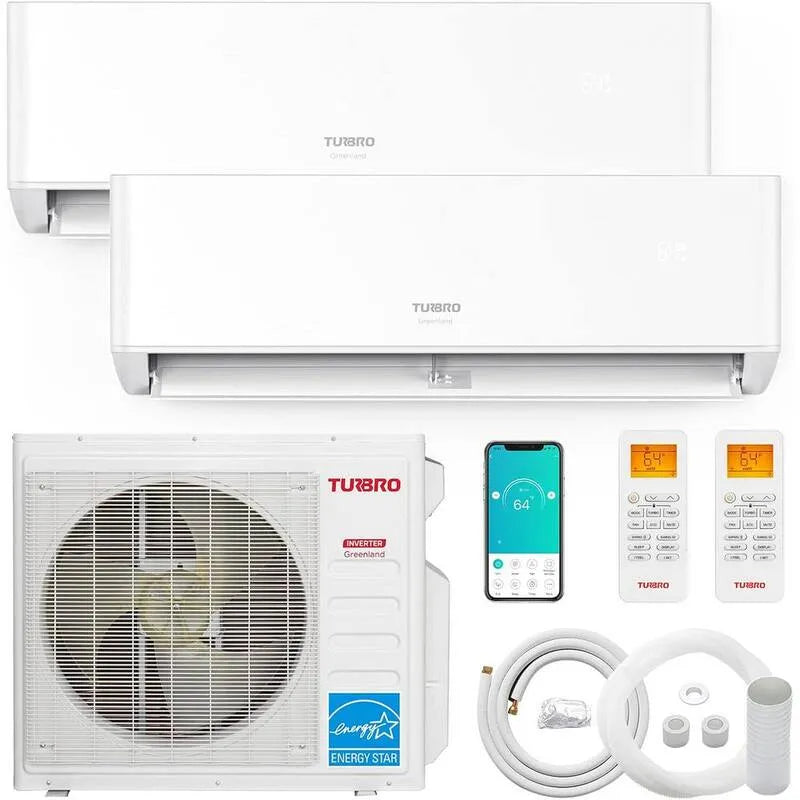 9K+18K 2.25-Ton System Split bez kodu Mini 27000 BTU dwustrefowys SEER2, 22 SEER2, 230V, 2.25- Ton, Grenlandia 9K + 18K, Inwerter dwustrefowys, Funkcja ciepła, WiFi