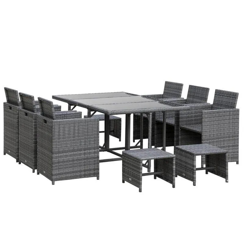 11 szt. Plastikowe rattan prostokąt zewnętrzny zestaw jadalnia 11- kawałki, Grey, metal