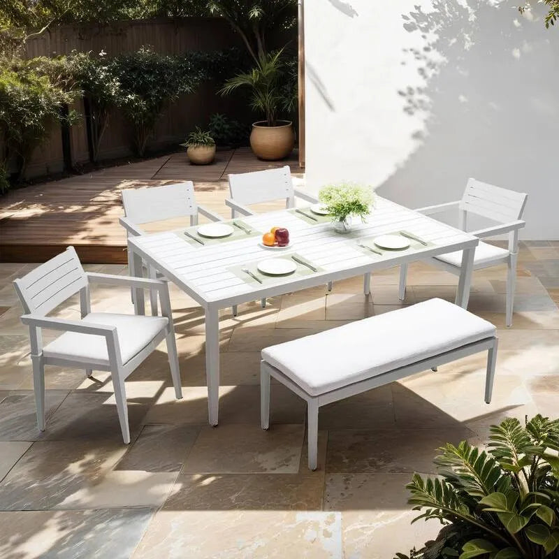 Lekki 6-elementów, Lekki szary Aluminium do użytku na zewnątrz Patio Zestaw jadalny z białymi kusznikami, Na zewnątrz