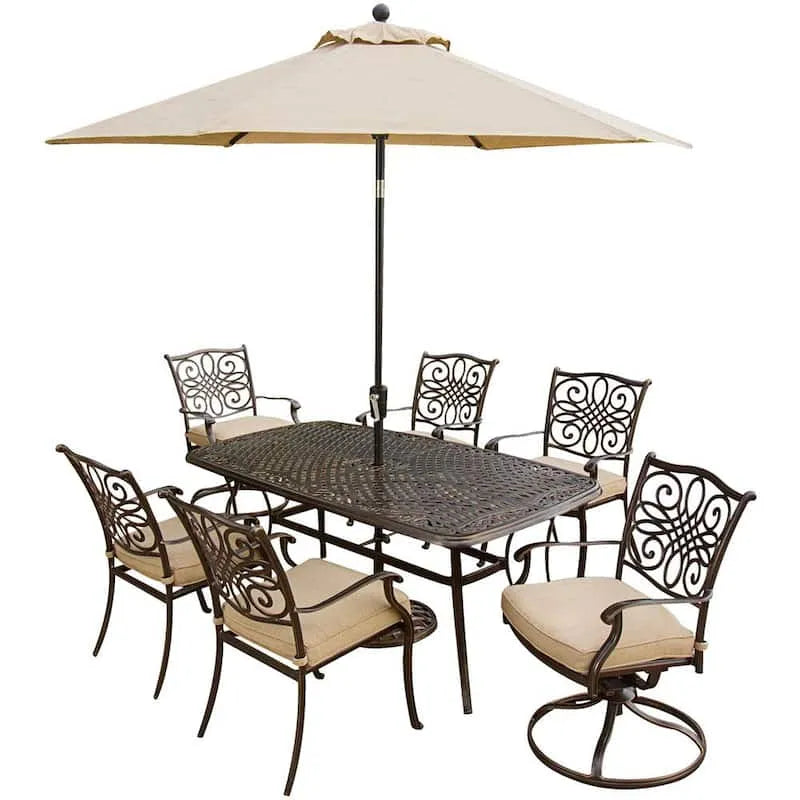 7-elementów Aluminiowy do użytku na zewnątrz Patio zestaw jadalny 7- elementów, Parasol i podstawy z naturalnych Oat poduszki, Tradycje