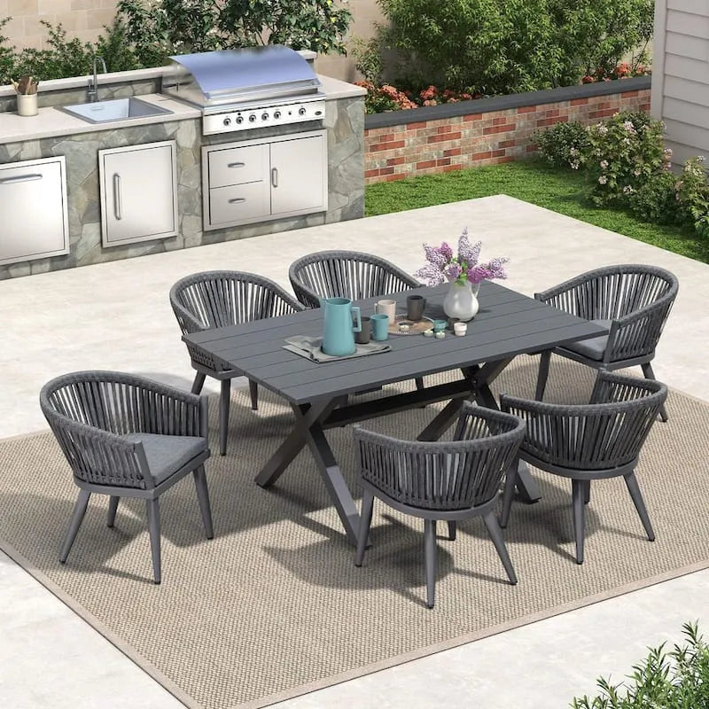 PE rattan prostokątny zewnętrzny zestaw jadalny, 7 sztuk, szary, aluminium