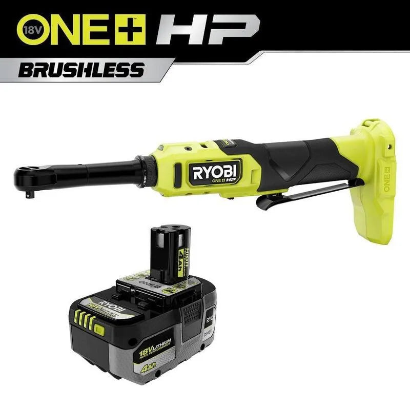 RYOBI, 18V, 1 / 10,2 cm, 4.0 Ah, Rozszerzony Ratchet Reach z 4.0 Ah Lithium- jonowy wysokiej wydajności baterii