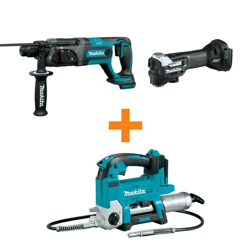 Makita, 20,3 cm, 18V LXT Lithhium- Ion 7 / 20,3 cm młotowiertarka i 18V LXT Bezszczotkowe narzędzie wieloostrzowe z bonusem 18V LXT Grease Gun, 18V