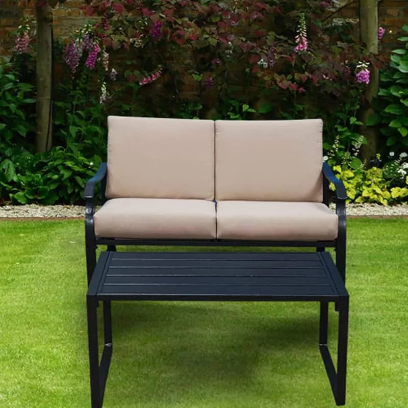 2-elementów Prostokątny stół 2- kawałek, czarny, metalowy na zewnątrz Loveseat z Beige poduszki
