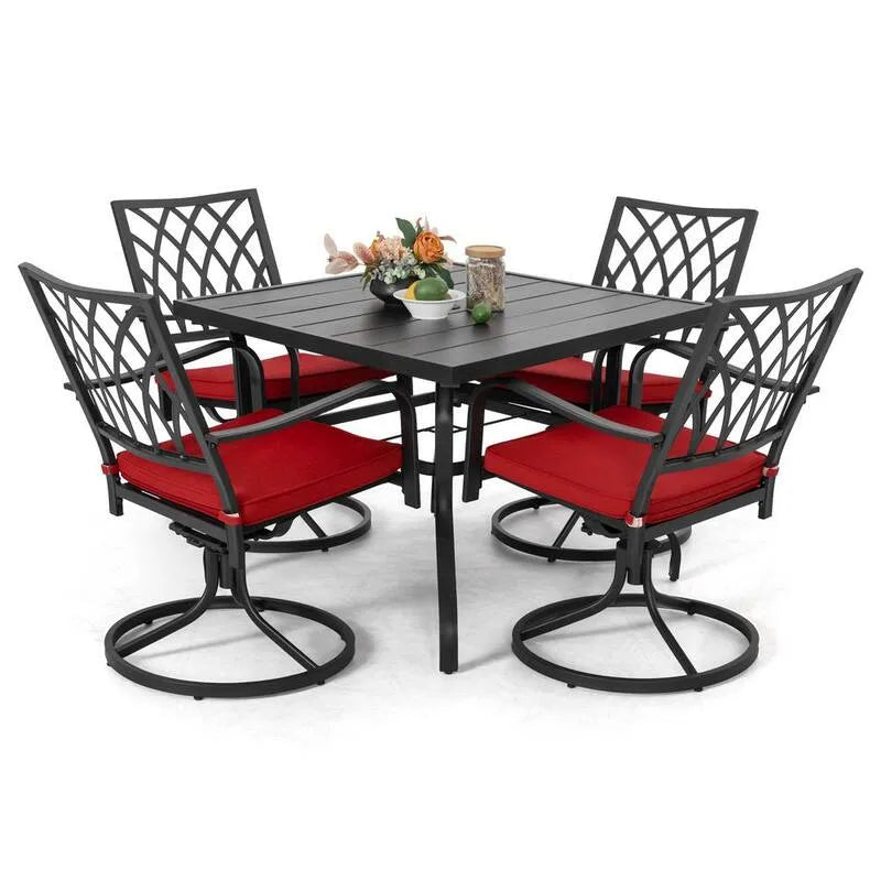 5-elementów Zestaw do jedzenia na zewnątrz z metalowym kwadratem 5- elementów, Patio, Czarny, Metal Square Zestawy do jadania na zewnątrz z meblami poduszki Patio Zestaw ze Swivel Fotel