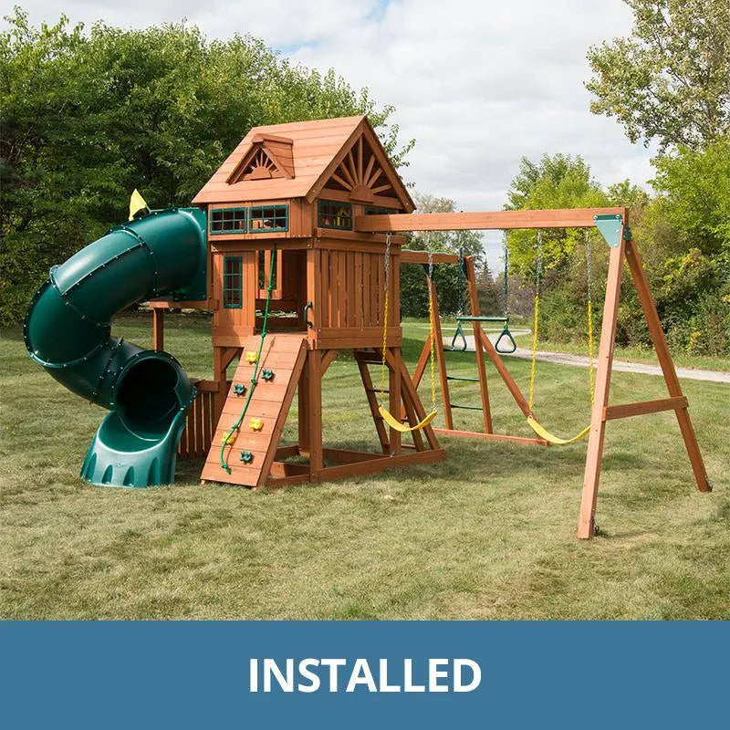 Swings and huśtawka Set, zainstalowany Sky Tower Turbo Kompletny drewniany Playset z 5 stóp.