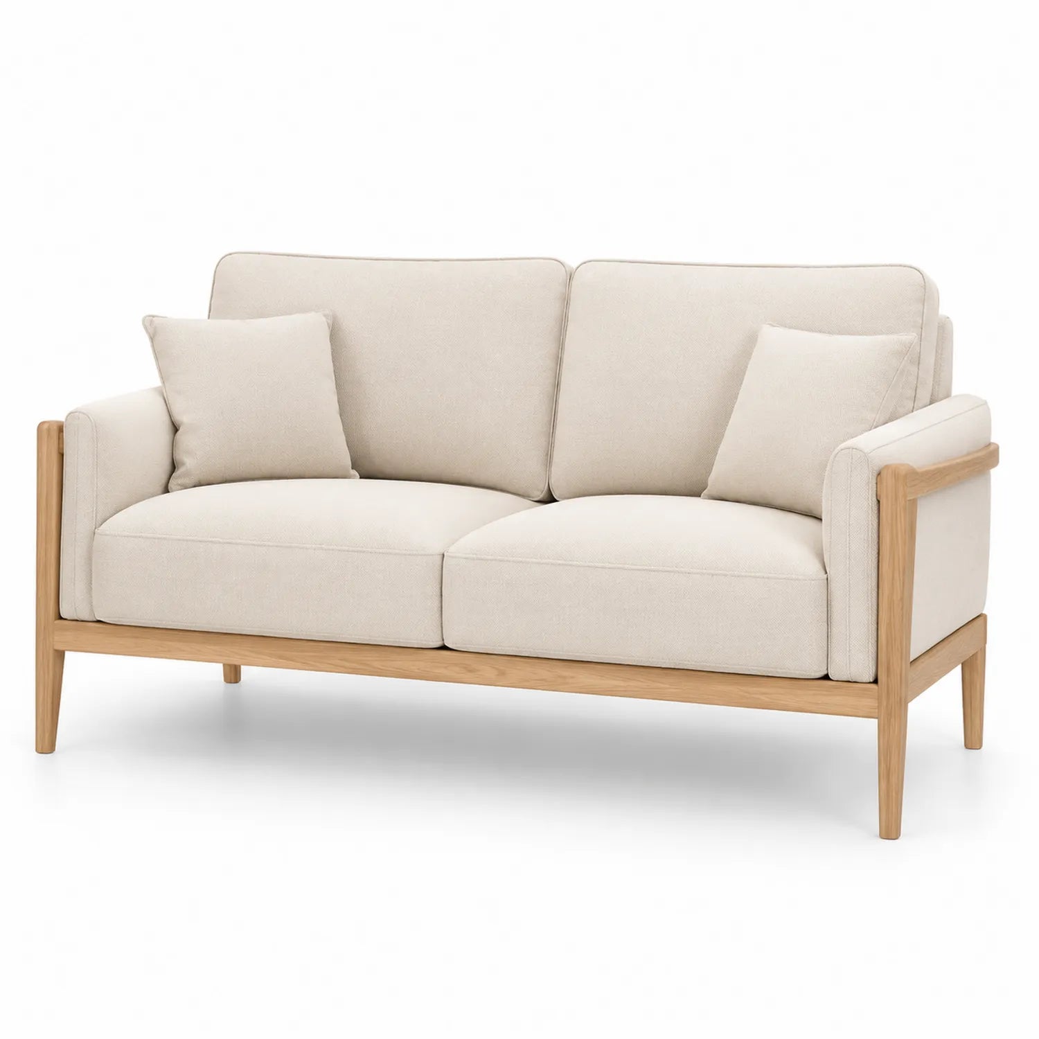 Dwuosobowa sofa z tkaniny, beżowa, drewniana rama