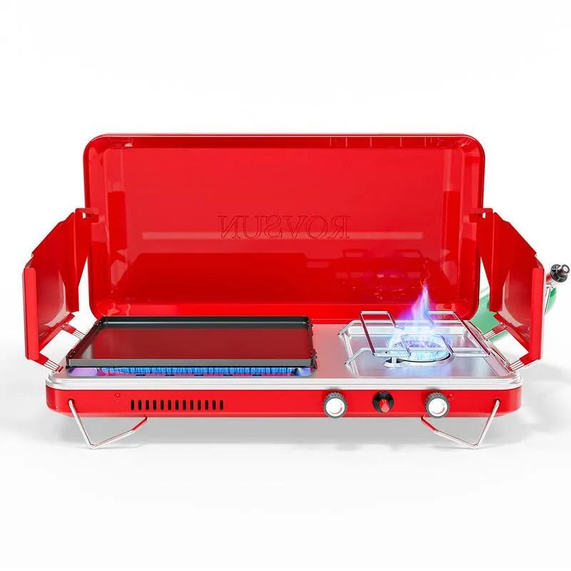 Przenośne Camping Stove And Propane Grill 2-in-1, Kompaktowy projekt przenośny, Propan płynny, Piezo Igniter, Panel wiatrowy i regulator, Czerwony