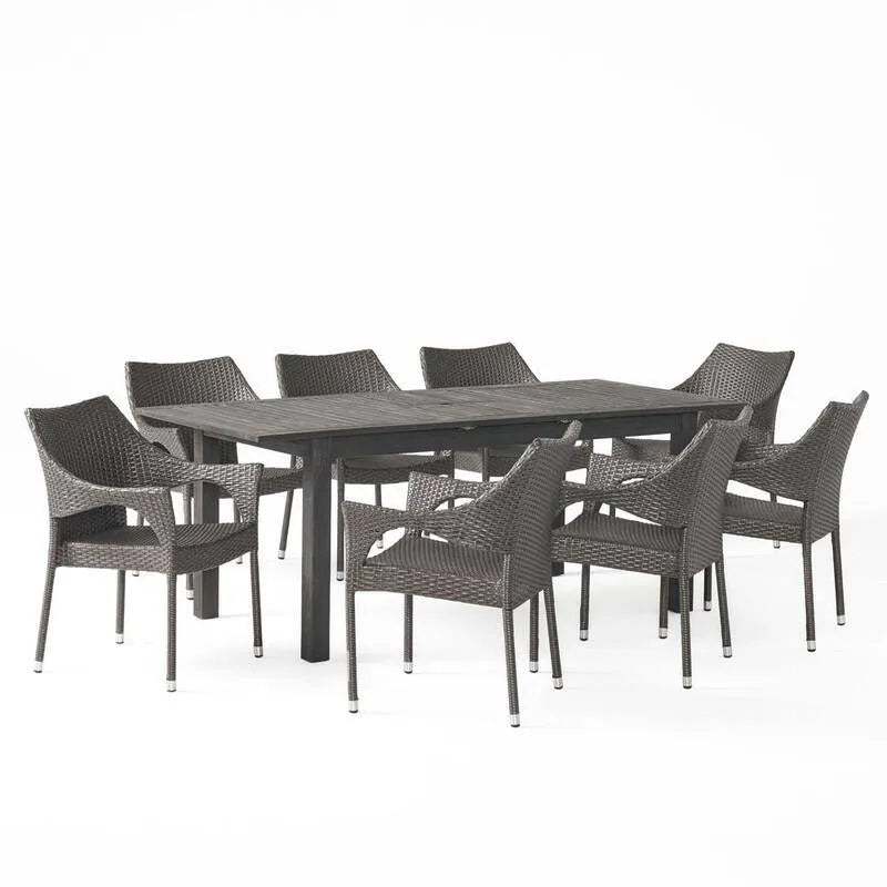 9-elementów technorattan do użytku na zewnątrz Patio jadalnia zestaw 9- kawałek, Damon, Grey, Drewno