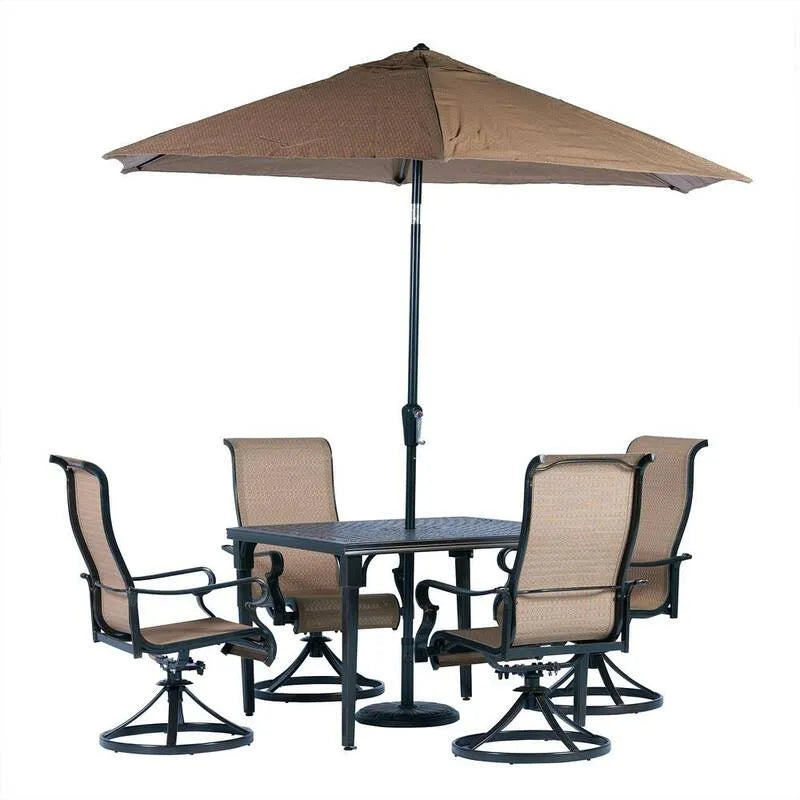 Zestaw do obiadu aluminiowego na zewnątrz 5-elementów, 9 ft, parasol i podstawa, kwadratowy Cast- górny Stół, Brigantine