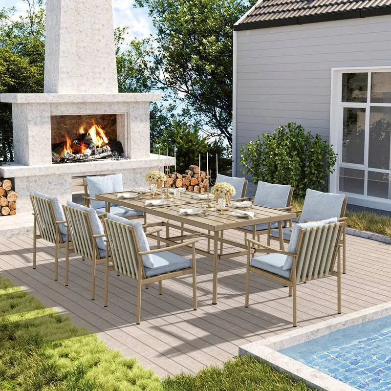 9-elementów Aluminiowy zestaw do obiadu na zewnątrz 9-częściowy, Retreat Aluminium Zestawy do obiadu na zewnątrz z niebieskimi kusznikami