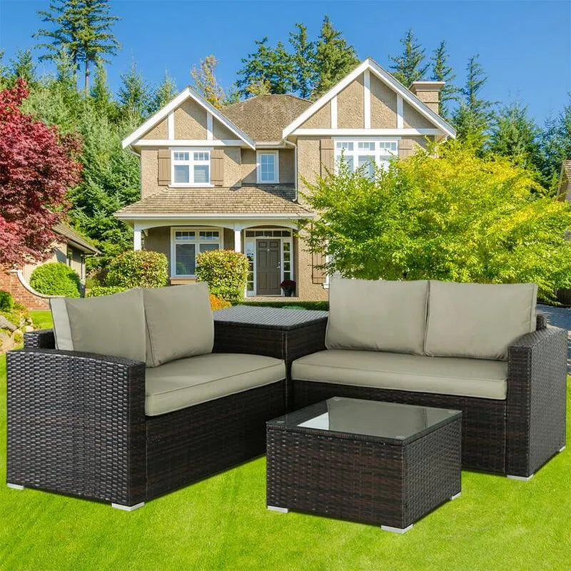 4-elementów Sofa, 4- kawałek wiklinowy zewnętrzny Set Sektorowy, Khaki poduszki Patio Zestaw rozmowy
