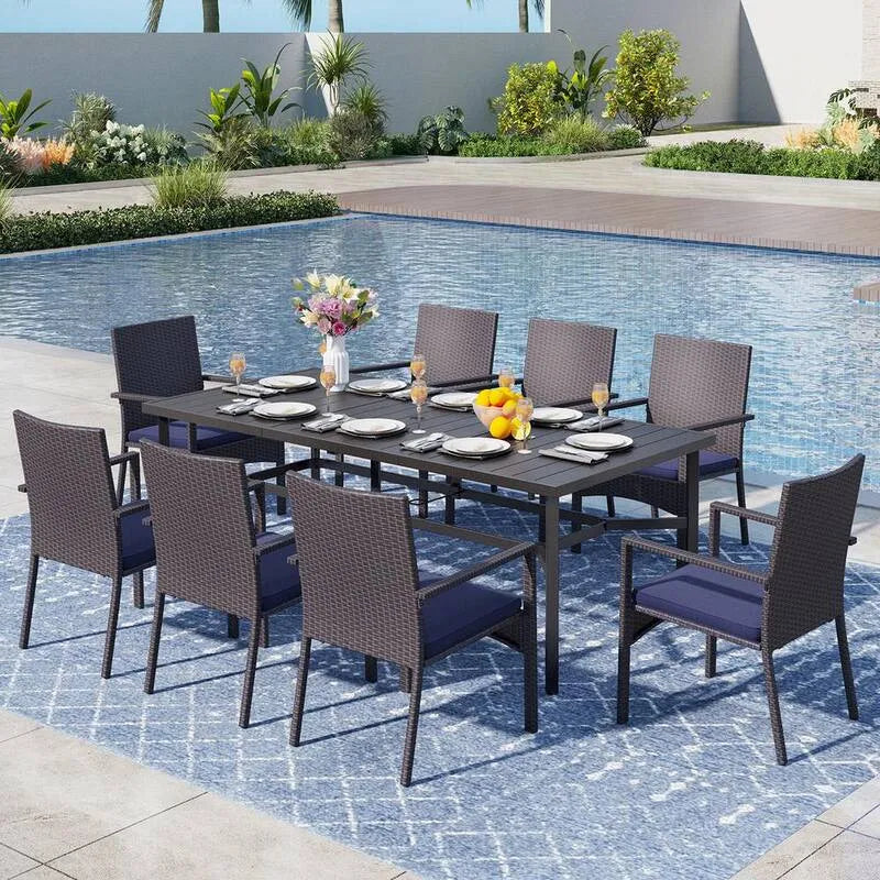 9-elementów Zestaw do jadalni 9-, Zestaw do jedzenia na świeżym powietrzu Metal Patio z krzesłem rattanowym z niebieskim poduszki, Czarny