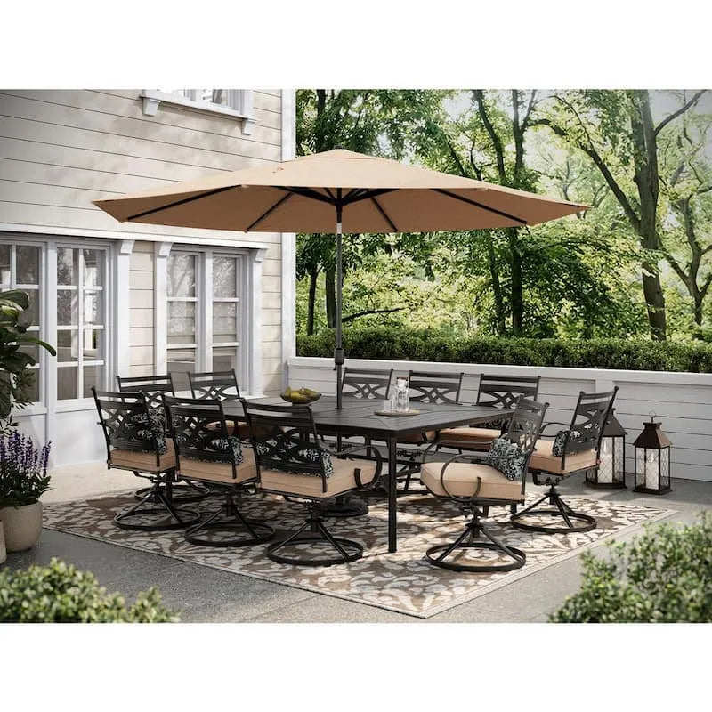11-elementów Steel do użytku na zewnątrz Zestaw jadalny 11- elementów, 152,4 cm, 213,4 cm, 10 obrotowe fotele bujane, Stół i Parasol, Montclair