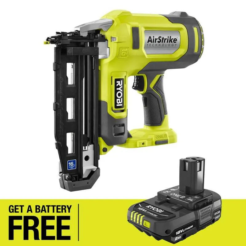 16-Gauge RYOBI RYBI 16- Gauge, 18V, Bezprzewodowy projekt, ONE + 18V Bezkorny AirStrike Zakończ Nailer z DARMOWY 2.0 Ah akumulator