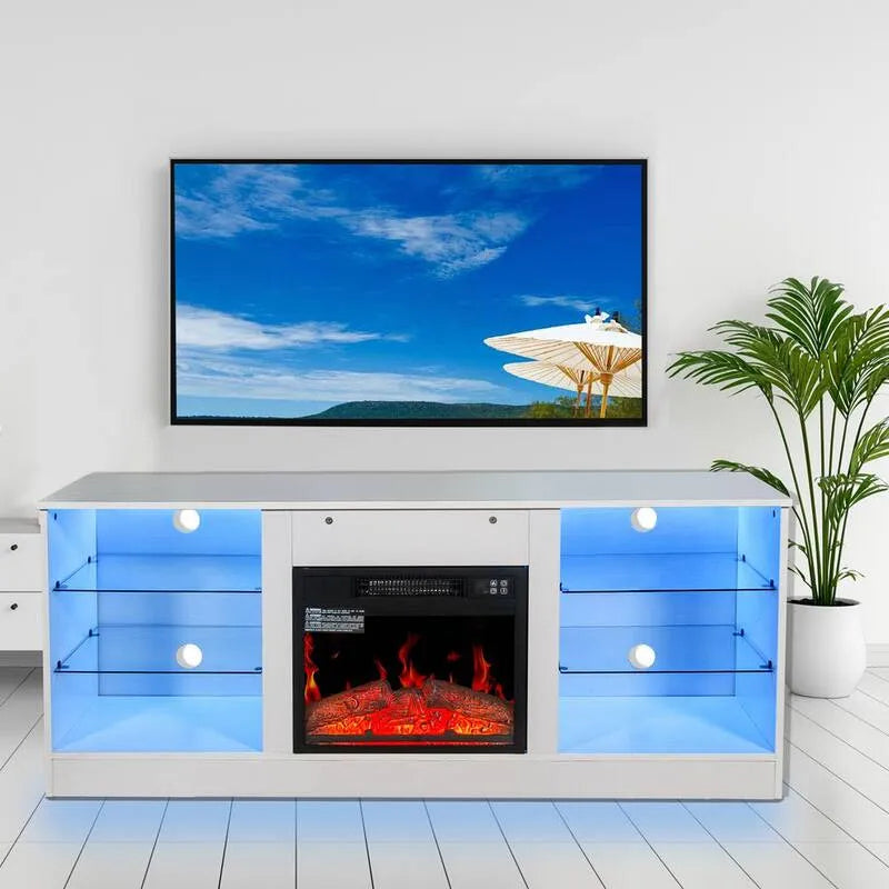 Wolnostojący Biały Kominek elektryczny TV Stojak, 146,8 cm, 45,7 cm, 157,5 cm, Regulowany szklany Shelves do TV do 157,5 cm