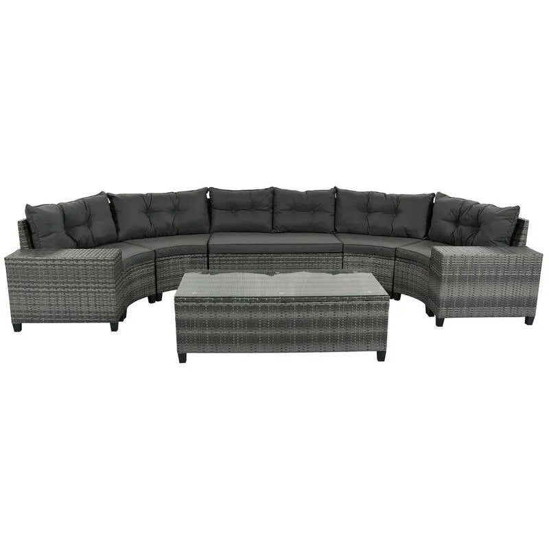 8-elementów Sofa, 8- kawałek wiklinowy Half- Księżyc zewnętrzny modułowa Set, prostokątny stolik do kawy i szare poduszki