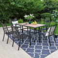 7-elementów Zestaw do jedzenia na świeżym powietrzu metalowy ogrodowy 7-Element, Metal do użytku na zewnątrz Patio Zestaw do jedzenia z WoodLook Parasol Stół i Krzesła stackable, Czarny