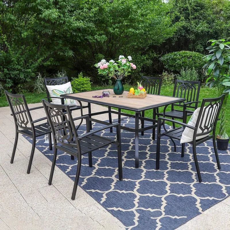 7-elementów Zestaw do jedzenia na świeżym powietrzu metalowy ogrodowy 7-Element, Metal do użytku na zewnątrz Patio Zestaw do jedzenia z WoodLook Parasol Stół i Krzesła stackable, Czarny