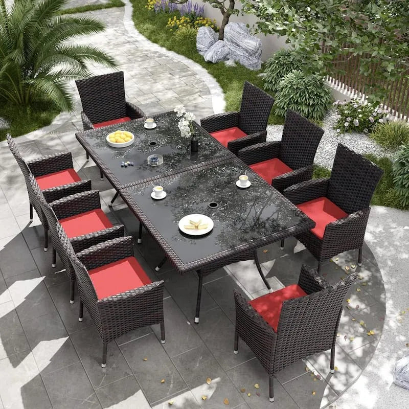 Wiklinowy Patio do użytku na zewnątrz zestaw do jedzenia 10-elementów, 3,8 cm, 3,8 cm Parasol Dziura i czerwony poduszki