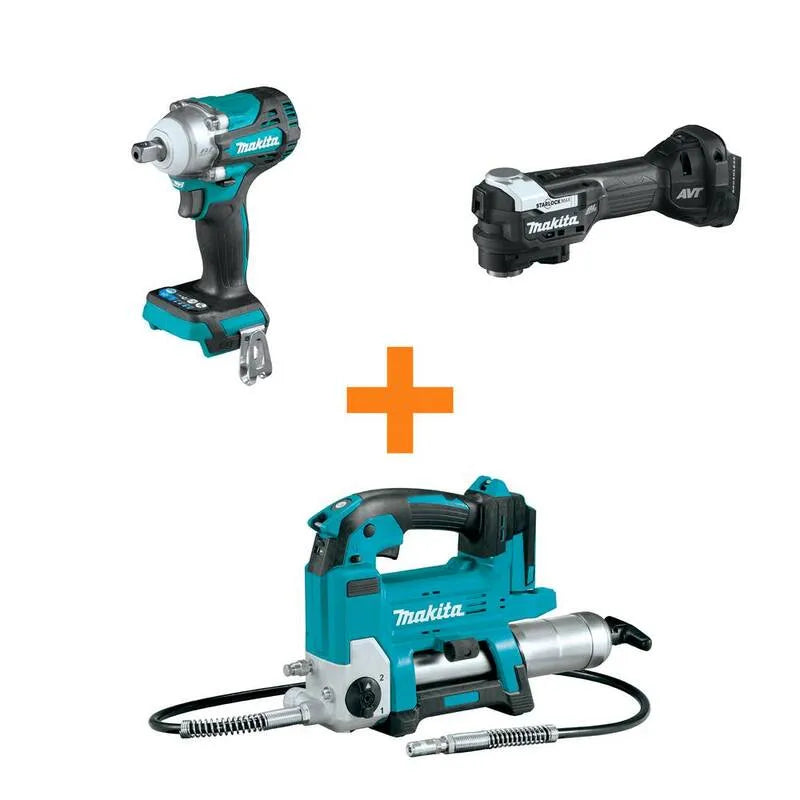 Makita, 5,1 cm, 18V LXT Lithhium- Ion bezszczotkowy 1 / 5,1 cm klucz udarowy i 18V LXT Bezszczotkowy Wielonarzędzie z premia 18V LXT Grease Gun, 18V