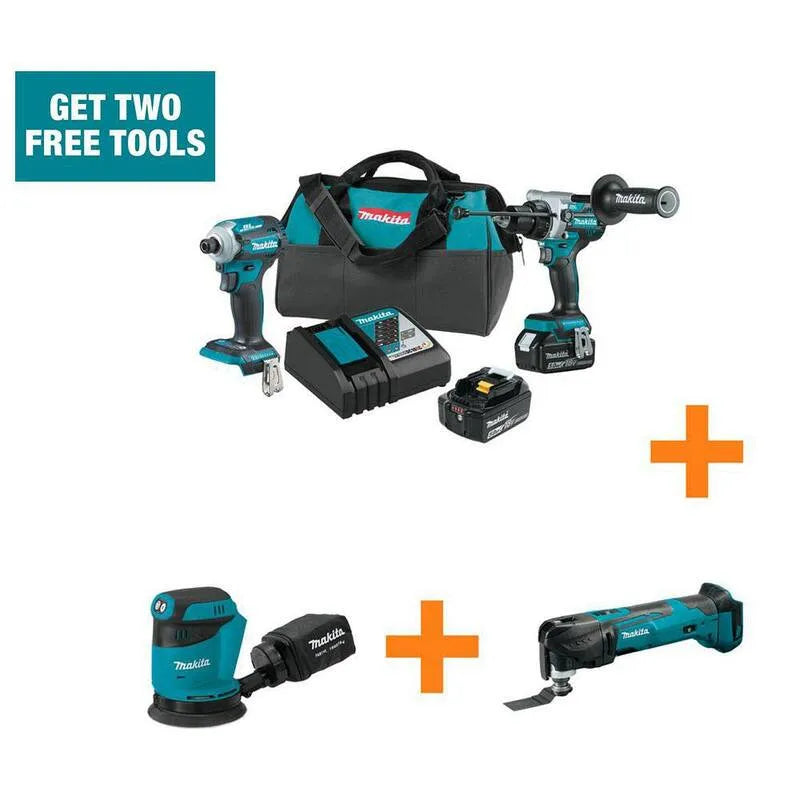 Makita, 18V, 5.0Ah, 12,7 cm, 18V LXT Zestaw bezszczotkowy Combo 5.0Ah z bonusem 18V LXT 12,7 cm Random Orbit Sander i 18V LXT Multi- Narzędzie