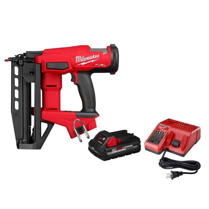 16-Gauge Milwaukee Wykończenie Nailer, 3 Ah, 3 Ah Bateria / Ładowarka, M18 FUEL Lithium-Ion Bezszczotkowy akumulatorowy Gen ll 16 -Gauge Wykończenie proste Nailer z