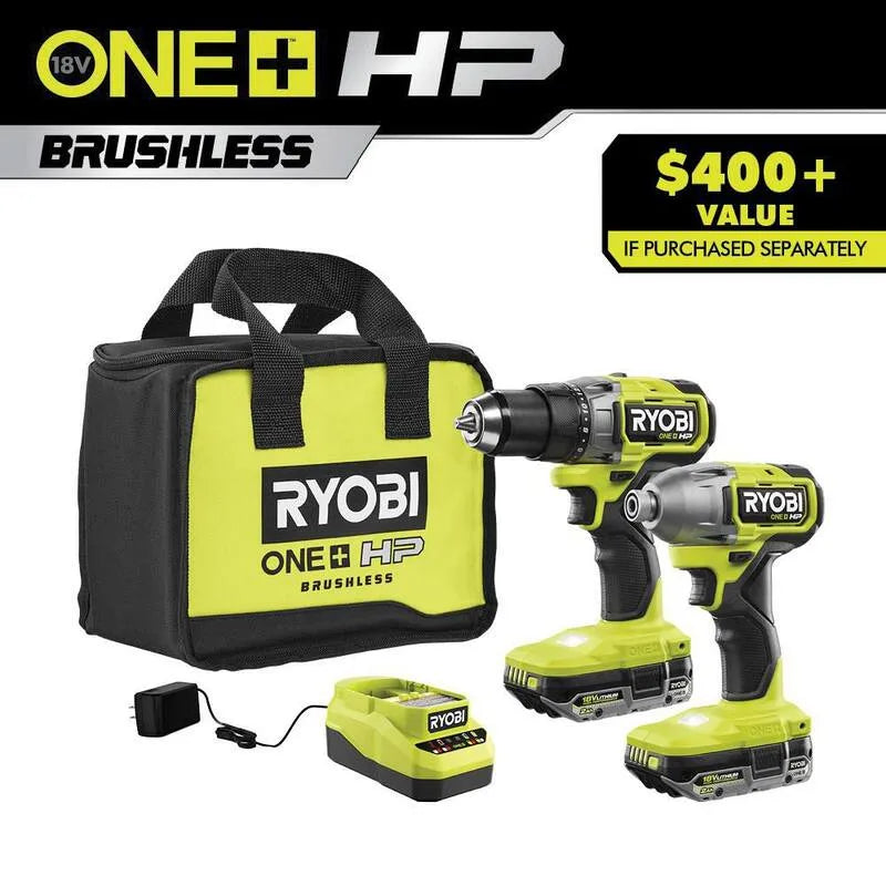 RYOBI HP 18V zestaw sterownika i uderzenia, 1 / 5,1 cm, Bezprzewodowy projekt, 2.0 Ah Baterie, Bezszczotkowy