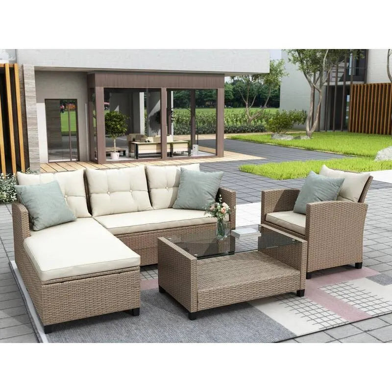 4-elementów Część Drewno Na zewnątrz Zestaw jadalny 4- elementów, Patio Furnitur Beżowy Zestaw drzewny z Beżowym poduszki z Siedzeniem