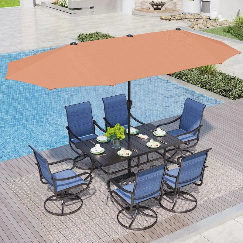 8-elementów metalowe Patio Zestawy jadalne 8- elementów, Czerwony parasol i wyściełana niebieski Textilene Swivel krzeseł