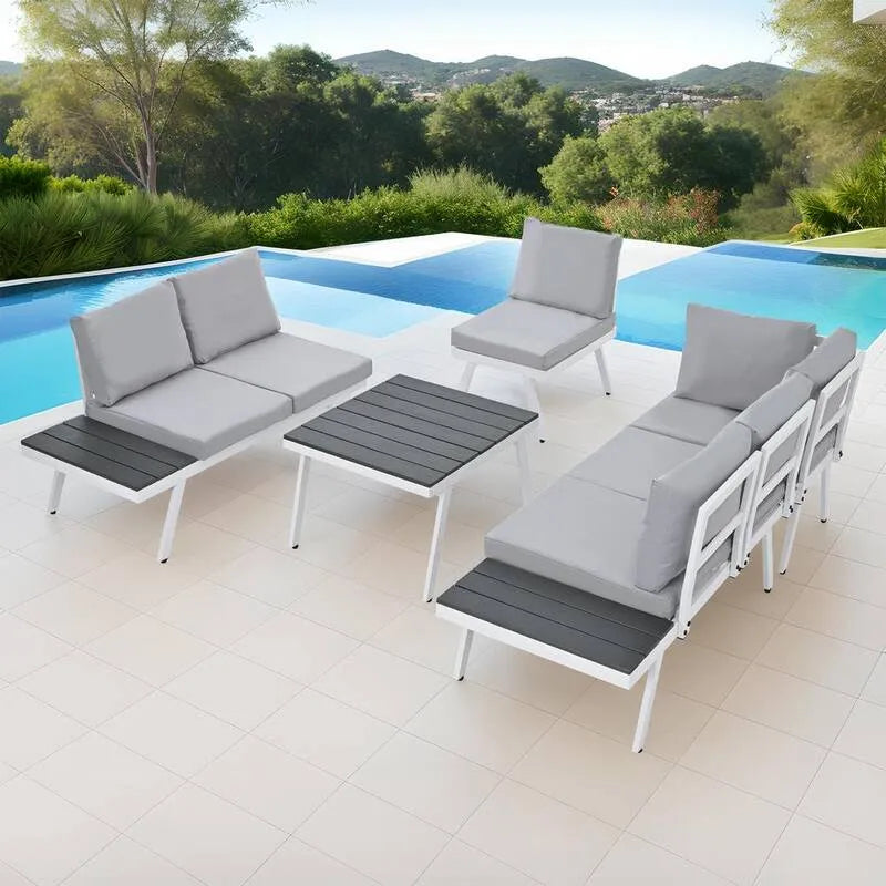 Sofa 5 kawałek aluminium na zewnątrz Patio, stolik kawy i meble podwórze Clips biały plus szary
