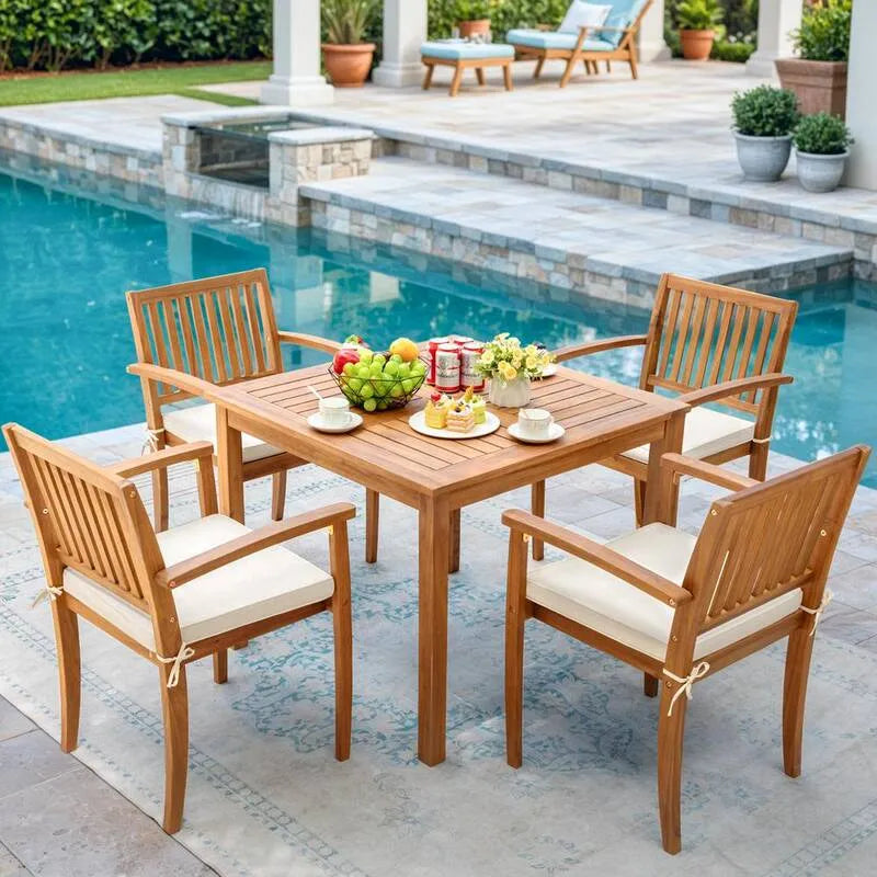 4-Armchairs 5-elementów Zestaw do jedzenia na świeżym powietrzu Acacia, zestaw do jedzenia na świeżym powietrzu Acacia, zestaw do jedzenia na zewnątrz z Beżowym poduszki na podwórku Patio Garden 4