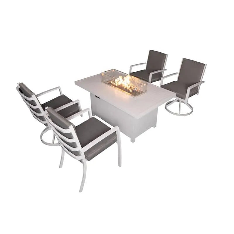 5-elementów Zestaw do jedzenia Patio 5- elementów, Zestaw do jedzenia Aluminium do użytku na zewnątrz zestaw jadalniany z szarym poduszki i Biały ogień Pit Table, 2 Armchairplus2 Swivel